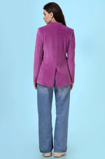 Back view of the Monroe blazer sewing pattern, highlighting the structured fit and back vent. Designed for comfort and elegance in various fabric choices.