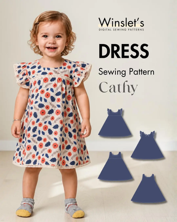 Young girl wearing a knee-length A-line dress with floral print, square front neckline, flutter sleeves, and round back tie, in beige with navy and coral flowers