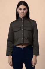 Straight-on view of the 'Noelle' short jacket, featuring a structured fit, button-front closure, and flap chest pockets for a utilitarian look.