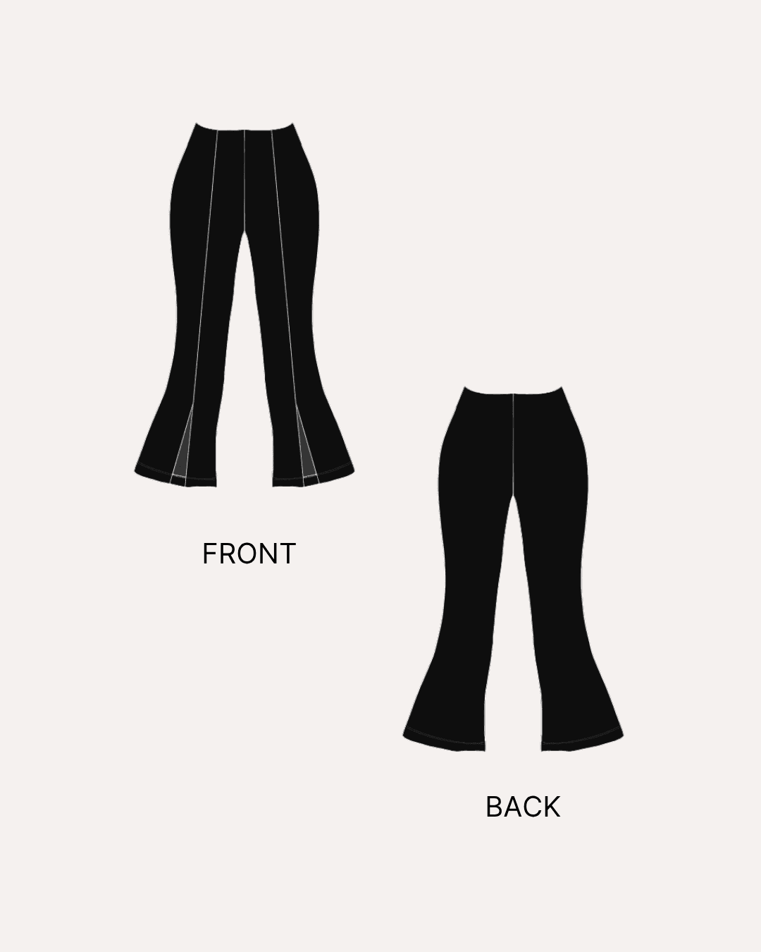 Black bell bottom pants sewing pattern illustration with front and back views