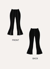 Black bell bottom pants sewing pattern illustration with front and back views