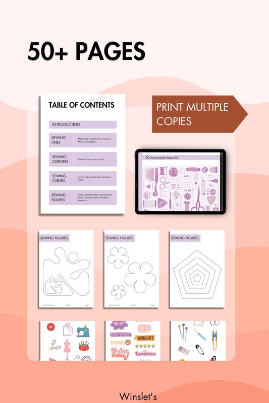 Sewing Practice Sheets featuring 50+ pages, including a table of contents and printable exercises. Ideal for beginners to refine sewing skills.