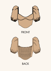Technical illustration of the Blossom Bustier Crop Top pattern, showing front and back views with puff sleeves and a structured bodice.