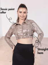Model wearing Myrtle cropped shirt with classic collar and straight hem