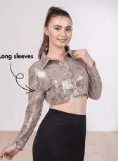 Front View of Myrtle pattern details with classic collar and long sleeve design