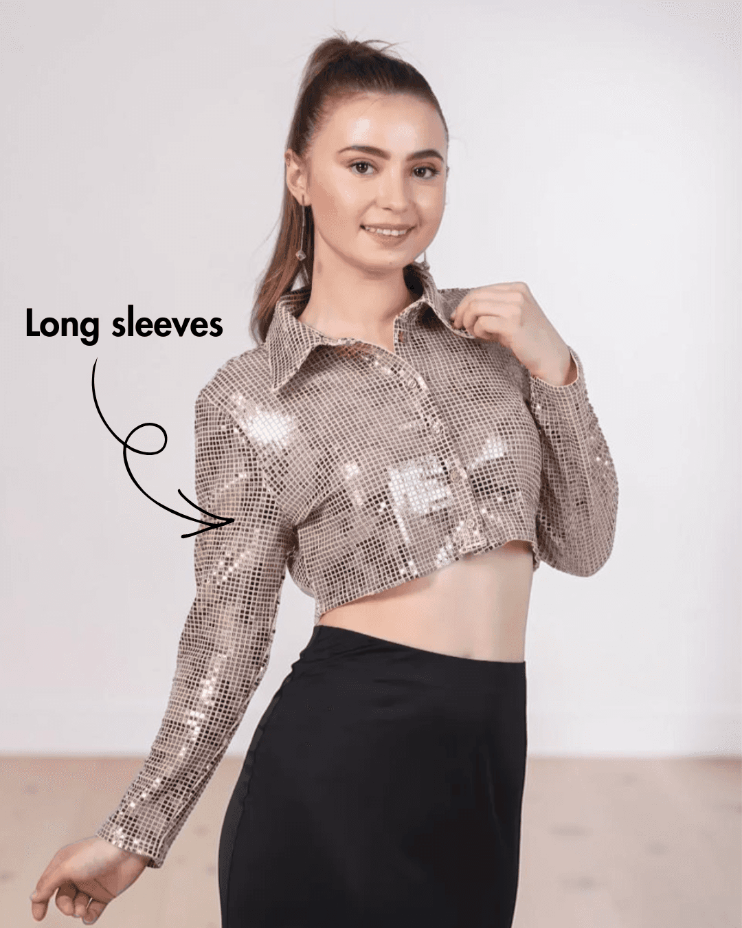 Front View of Myrtle pattern details with classic collar and long sleeve design