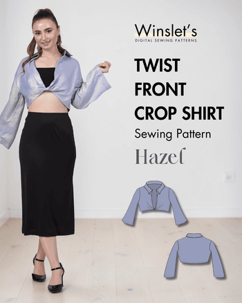 Model wearing blue twist front crop shirt with long bell sleeves and plunging neckline