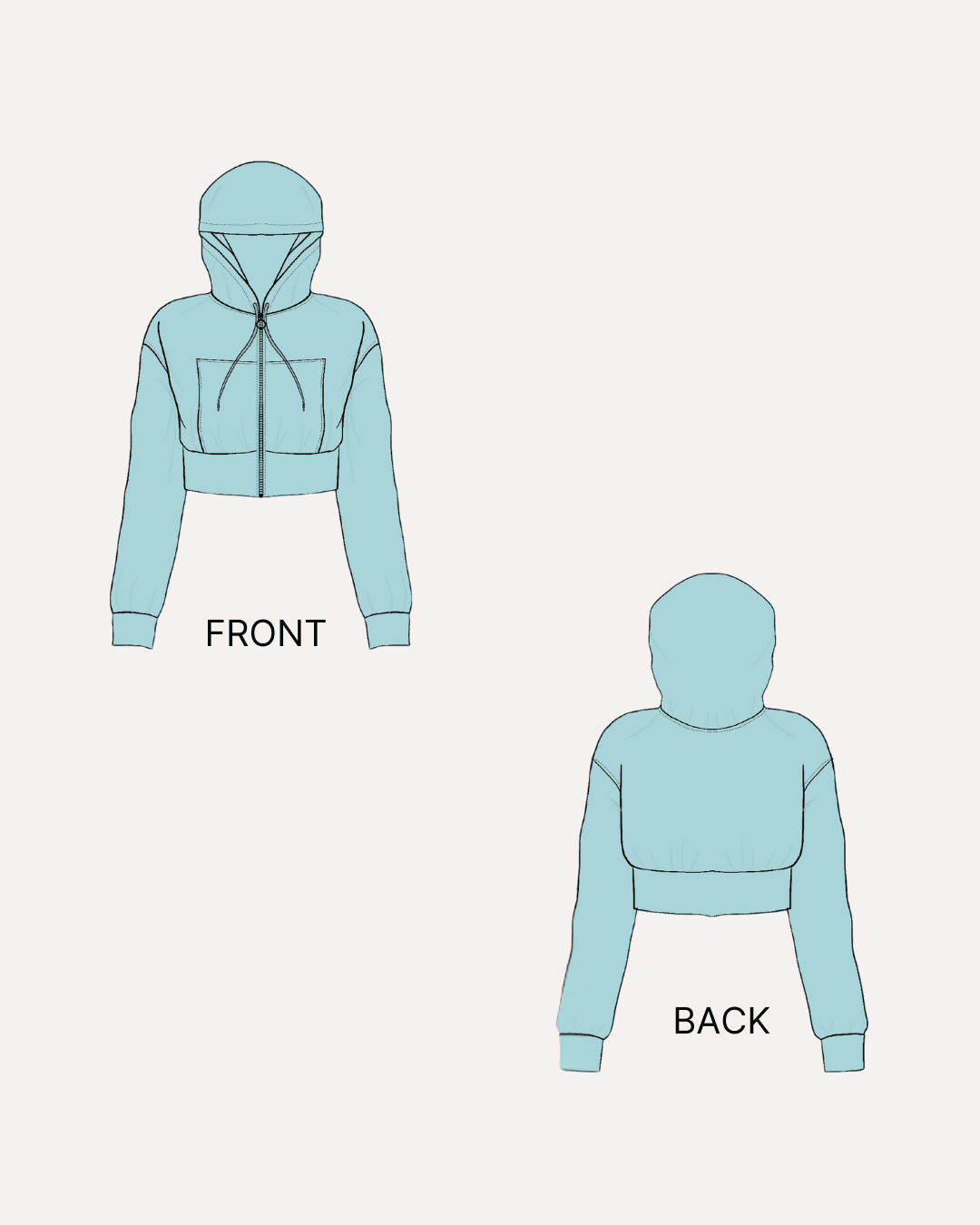 Technical drawing of hoodie pattern with front and back views