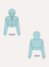 Technical drawing of hoodie pattern with front and back views