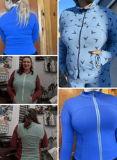 Women wearing purple sports jacket with thumbhole cuffs, holding basketball