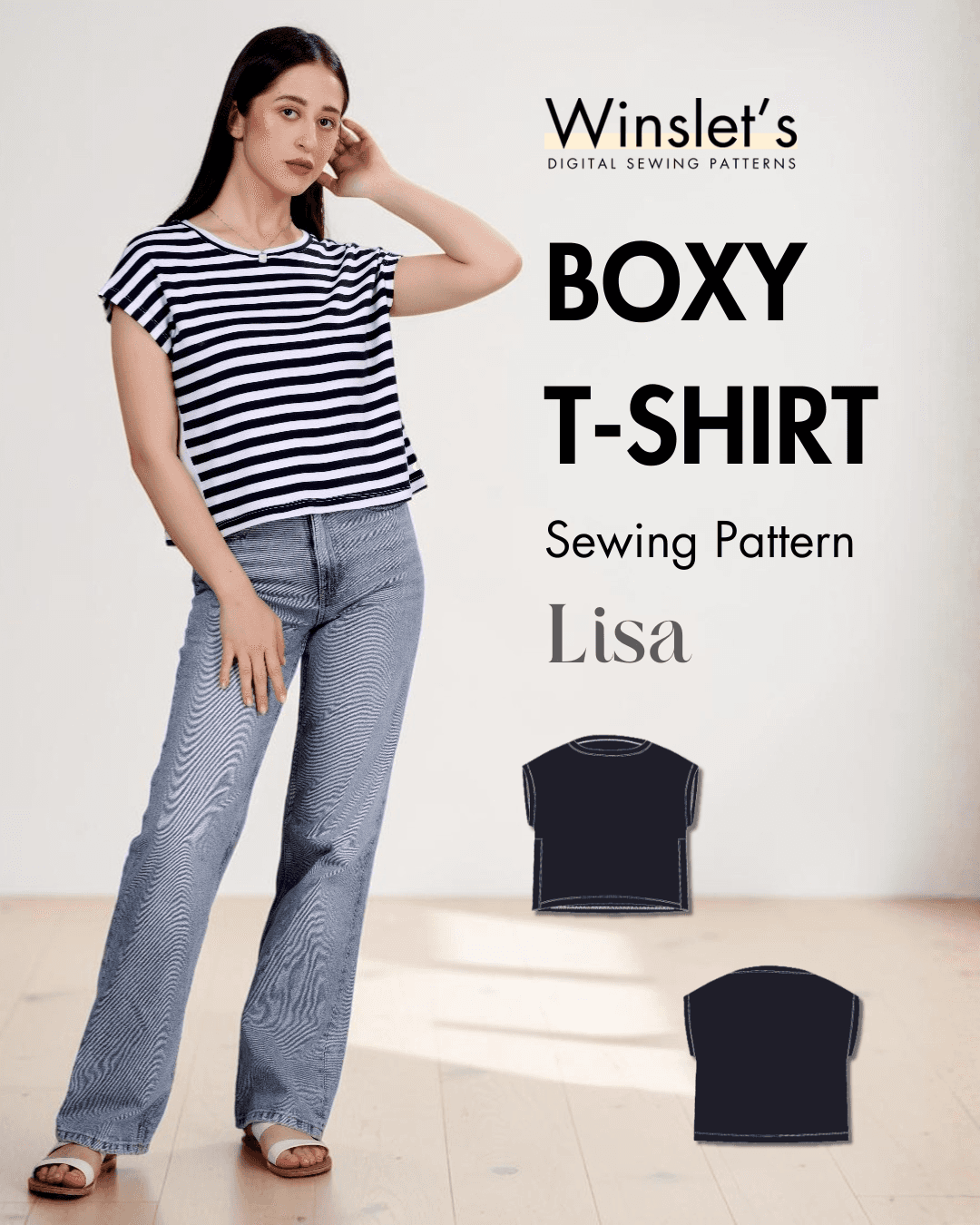 Women's striped boxy T-shirt sewing pattern 'Lisa' with relaxed fit and short sleeves