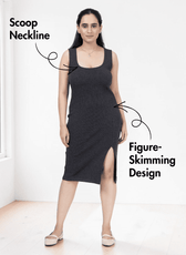 Women's midi tank dress sewing pattern with cutout back and scoop neckline, close up front view