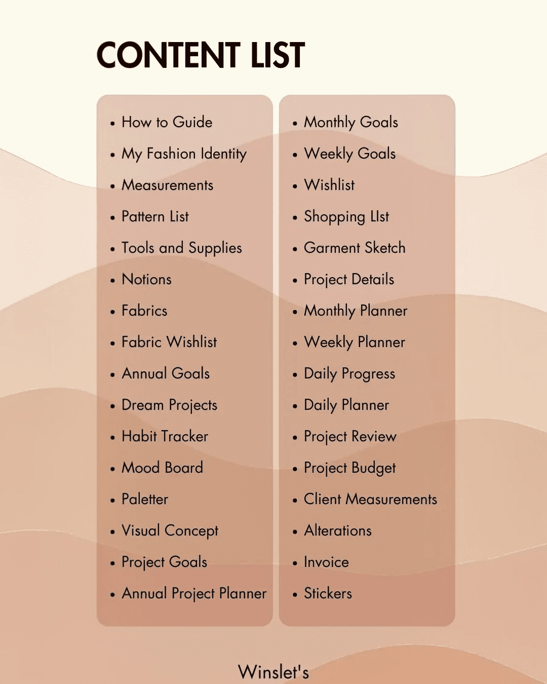 Content list for sewing planner with project organization pages
