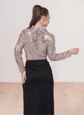 Back view of Myrtle cropped shirt with long sleeves and pattern details