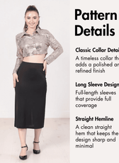 Close-up of Myrtle pattern details with classic collar and long sleeve design