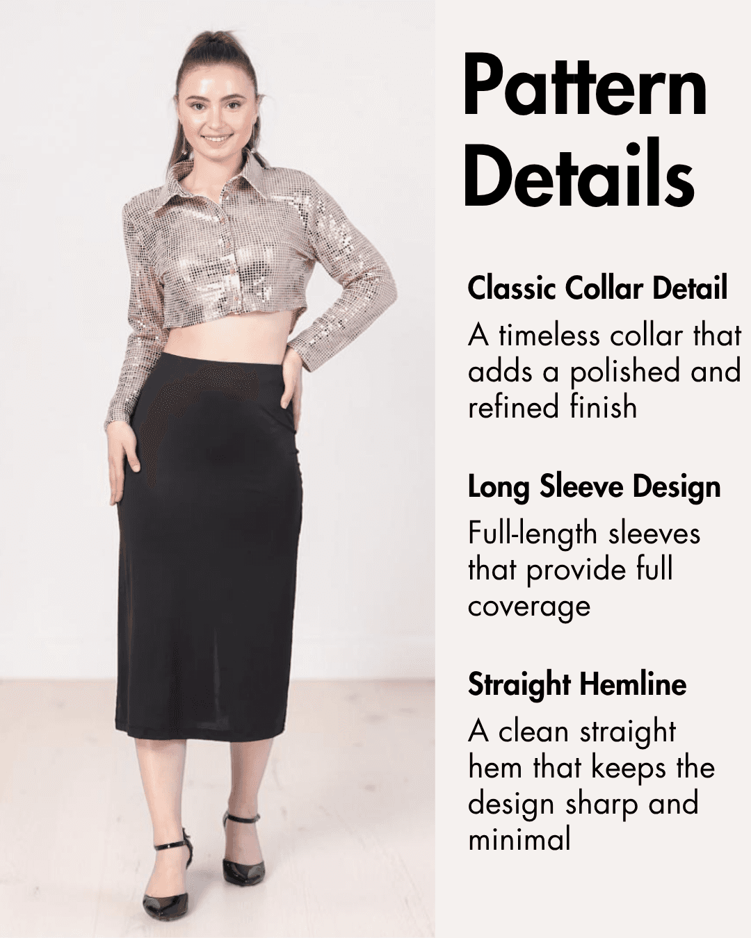 Close-up of Myrtle pattern details with classic collar and long sleeve design