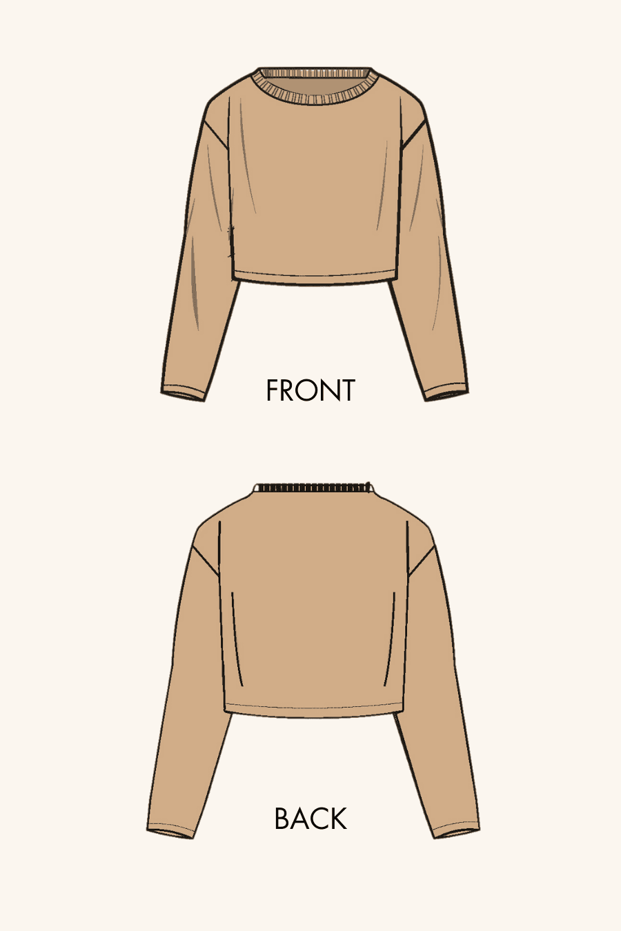 Technical illustration of the Selena sweatshirt sewing pattern, displaying the front and back views with a round neck and long sleeves.