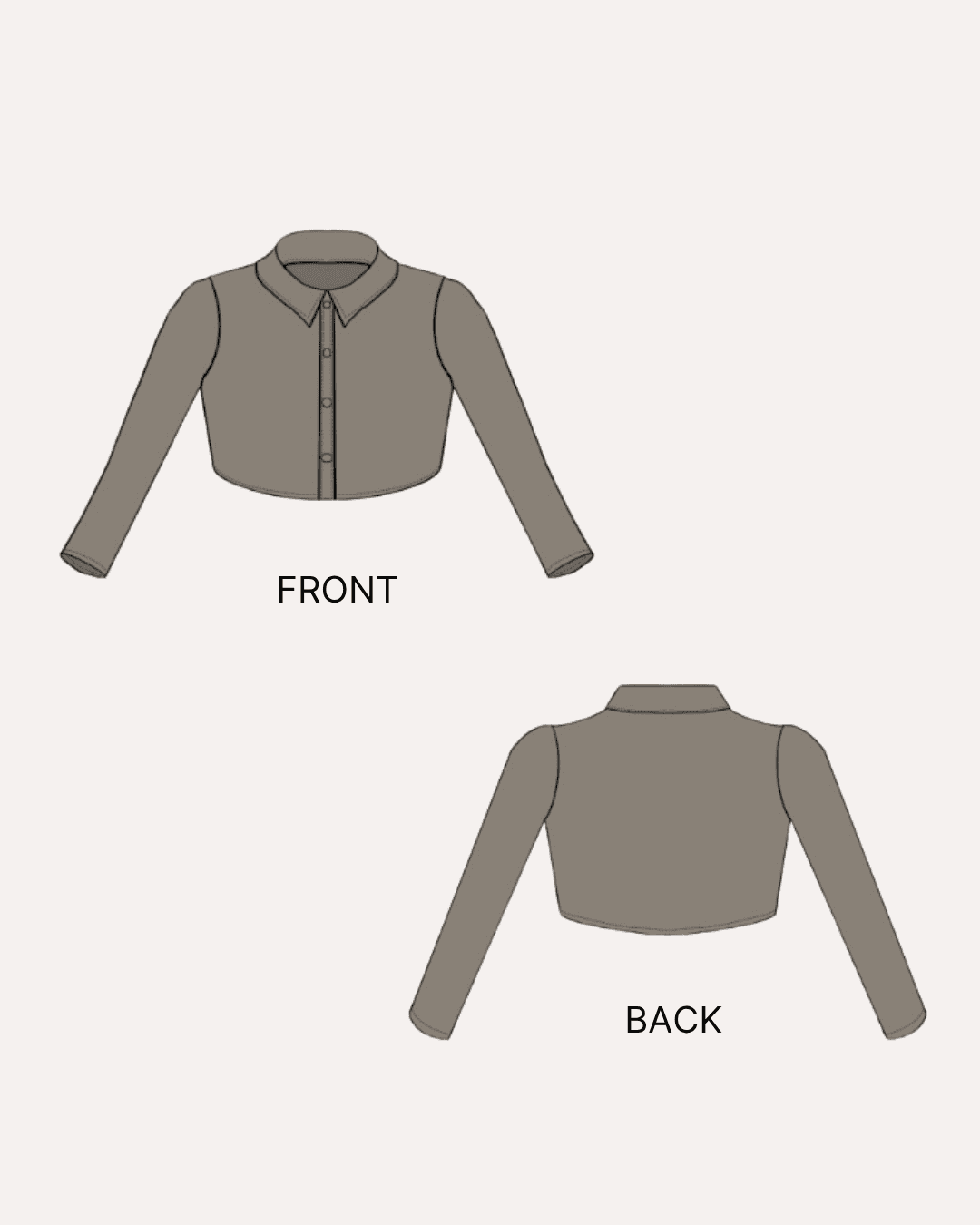 Front and back illustration of women's cropped shirt Myrtle sewing pattern with collar and long sleeves