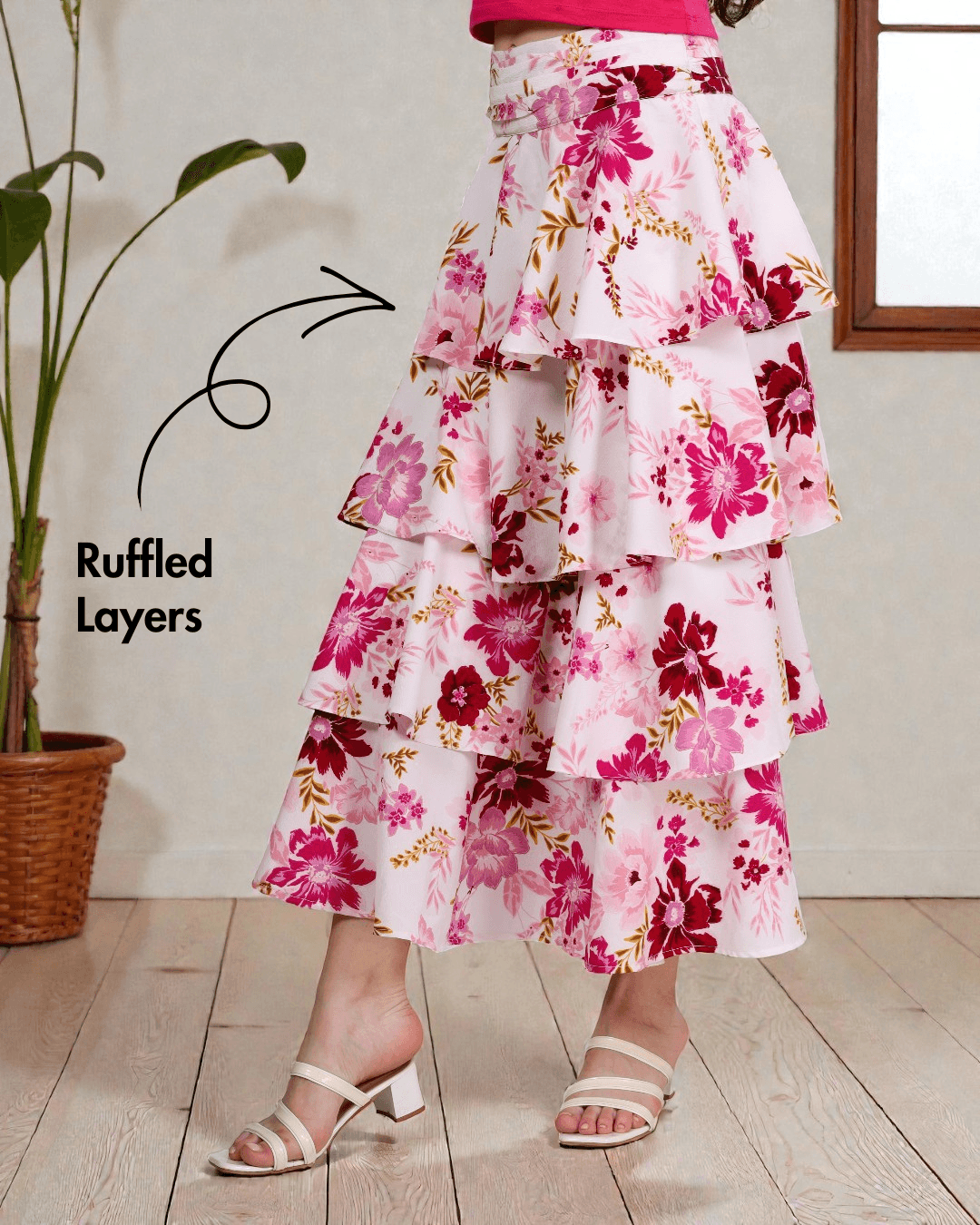 Side view of Ruffled Tiered Skirt Sewing Pattern 'Amy' highlighting cascading ruffled layers for a romantic and voluminous silhouette.