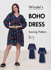 Women's boho midi dress with long lantern sleeves and V-neck, sewing pattern 'Ivy'