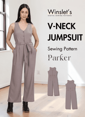 Women's taupe V-neck jumpsuit sewing pattern with button front, wide leg silhouette, and adjustable belt