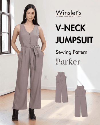 Women's taupe V-neck jumpsuit sewing pattern with button front, wide leg silhouette, and adjustable belt