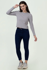 Model wearing a striped long sleeve t-shirt made using the 'Misha' sewing pattern. A versatile and stylish wardrobe staple for layering or standalone wear.