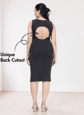 Back view of women's sleeveless midi dress with cutout back and slit