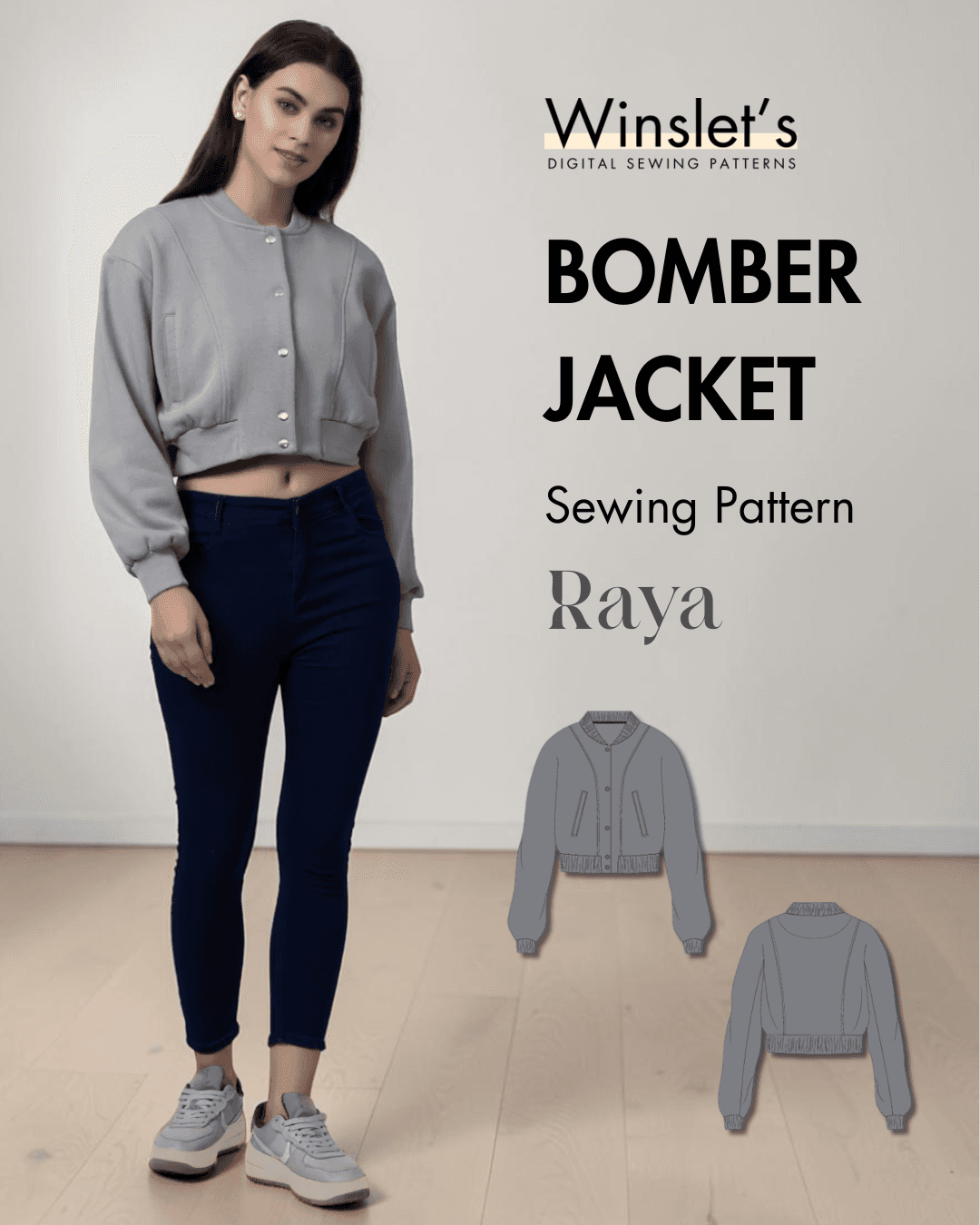 Gray bomber jacket with ribbed cuffs, waistband, round neck, and snap buttons, shown on a model