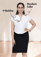 Front view of women's white short sleeve blouse sewing pattern with gathering at back