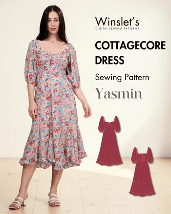 Cottagecore dress sewing pattern Yasmin with puff sleeves and ruched front