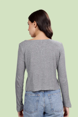 Back view of the Riley long sleeve Henley top. Displays the simple, clean design with a slightly cropped hemline.