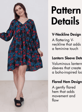Model wearing floral boho dress with V-neck, lantern sleeves, flared hem