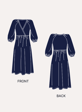 Technical sewing pattern illustration of boho dress with front and back views