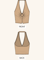 Technical illustration of the 'Winx' Halter Neck Top sewing pattern, showing front and back views. A detailed guide for crafting a stylish halter top.