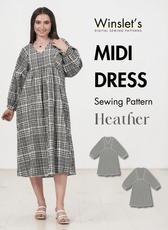 Women's long sleeve plaid midi dress with gathered waist and V-neck, sewing pattern for Heather