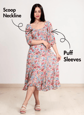 Model wearing Yasmin cottagecore dress with scoop neckline and flowy hem