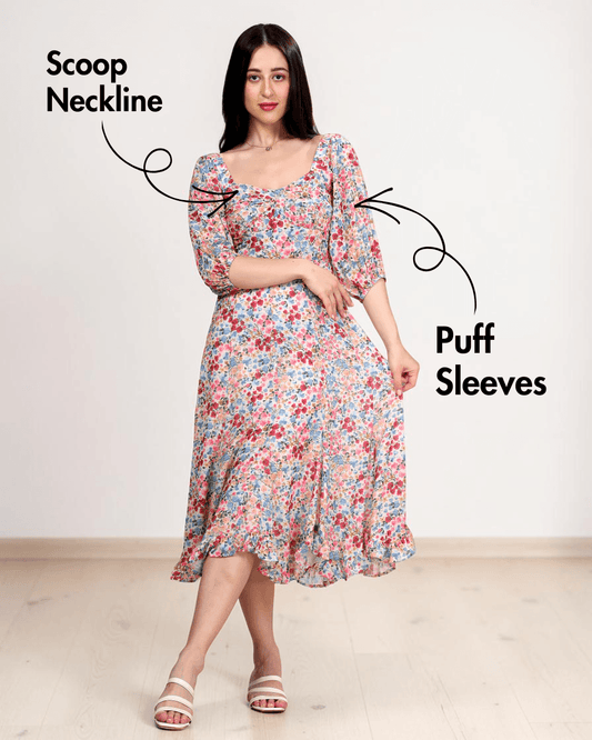 Model wearing Yasmin cottagecore dress with scoop neckline and flowy hem