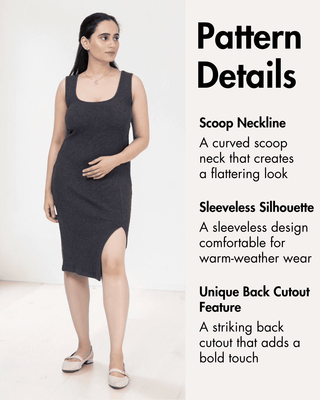Pattern details for women's sleeveless midi dress with scoop neckline and back cutout