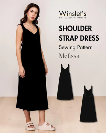 Winslet's Melissa shoulder strap dress sewing pattern cover: model in a black midi dress with straps