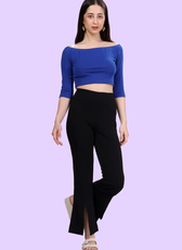 Stylish black flared pants with front slits, designed for a flattering fit. Beginner-friendly sewing pattern with detailed instructions and multiple size options.