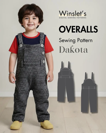 Young boy wearing grey textured overalls with adjustable shoulder straps, side button closures, and a front pocket, paired with a red t-shirt and yellow shoes, showcasing the Dakota kids' sewing pattern.