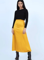 Front view of the 'Marigold' A-line skirt in mustard yellow. A classic high-waisted design that flatters the waist and hips elegantly.