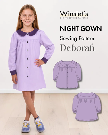 Lilac children's night gown with dark purple Peter Pan collar and cuffs, long sleeves, button-front, knee-length, for kids' sleepwear