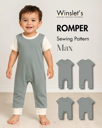 Young boy wearing a grey sleeveless romper with white cuffs, short sleeves, and snap closures at the inseam, standing indoors