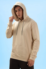 Men's hoodie with hood up, made using the 'Atlas' sewing pattern. Features a relaxed fit, drawstring hood, and kangaroo pocket for a cozy design.