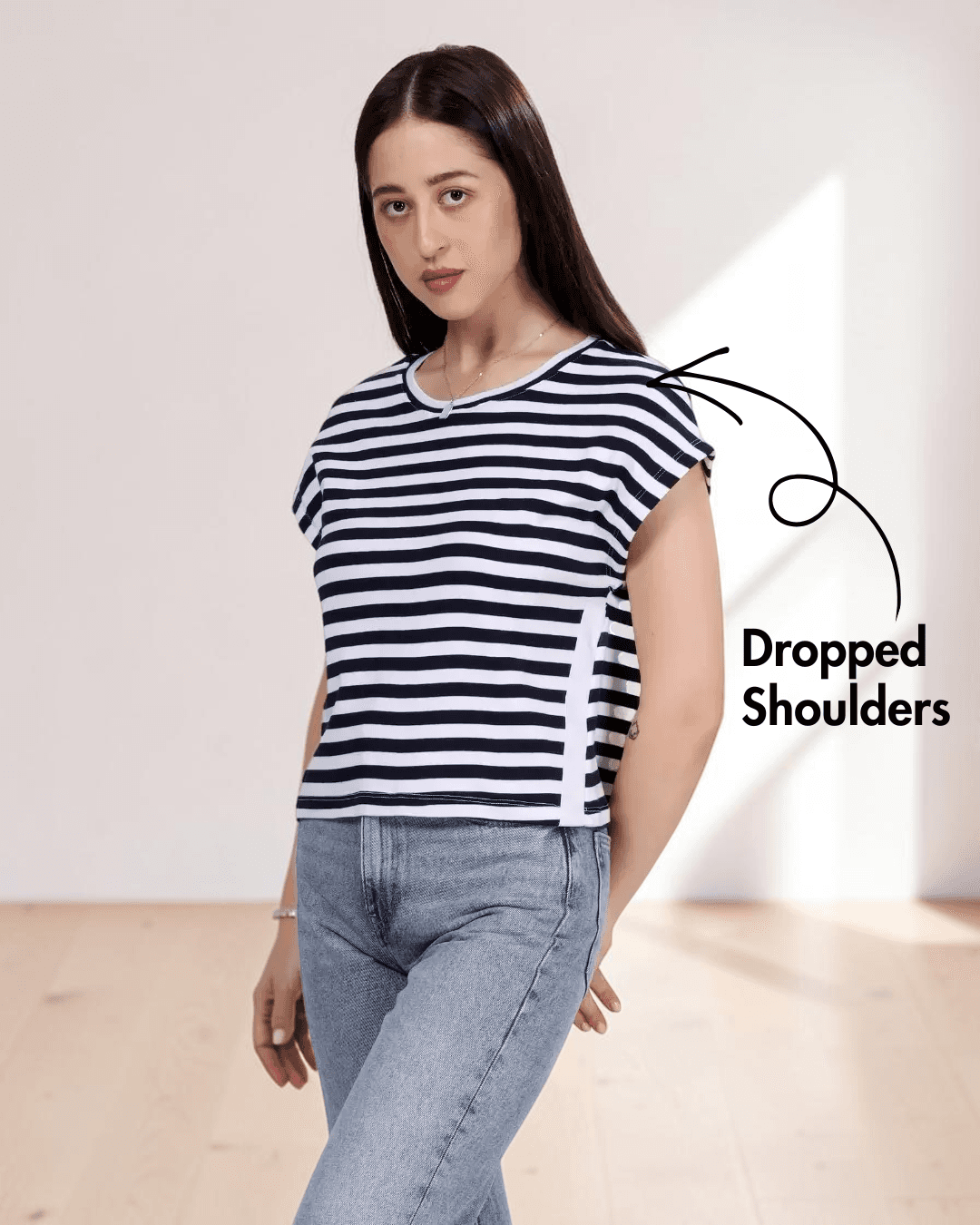 Side view of striped boxy T-shirt with dropped shoulders and relaxed fit, sewing pattern 'Lisa'