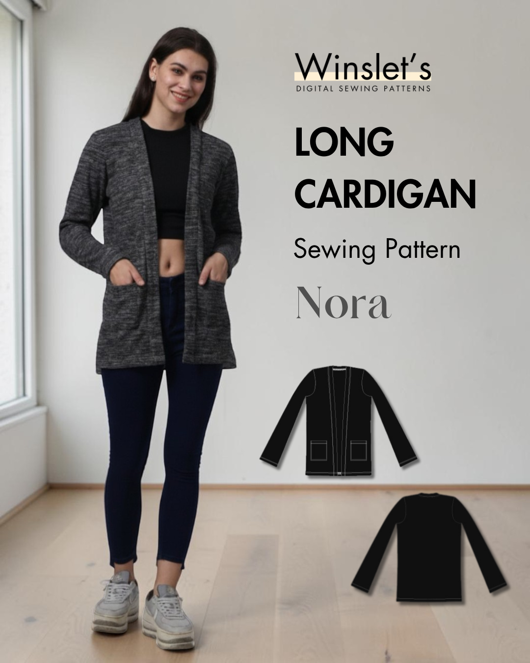 Long cardigan sewing pattern Nora PDF with front pockets and open front design
