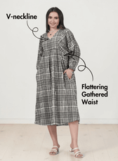Plaid midi dress with flaring gathered waist and V-neck, sewing pattern for Heather