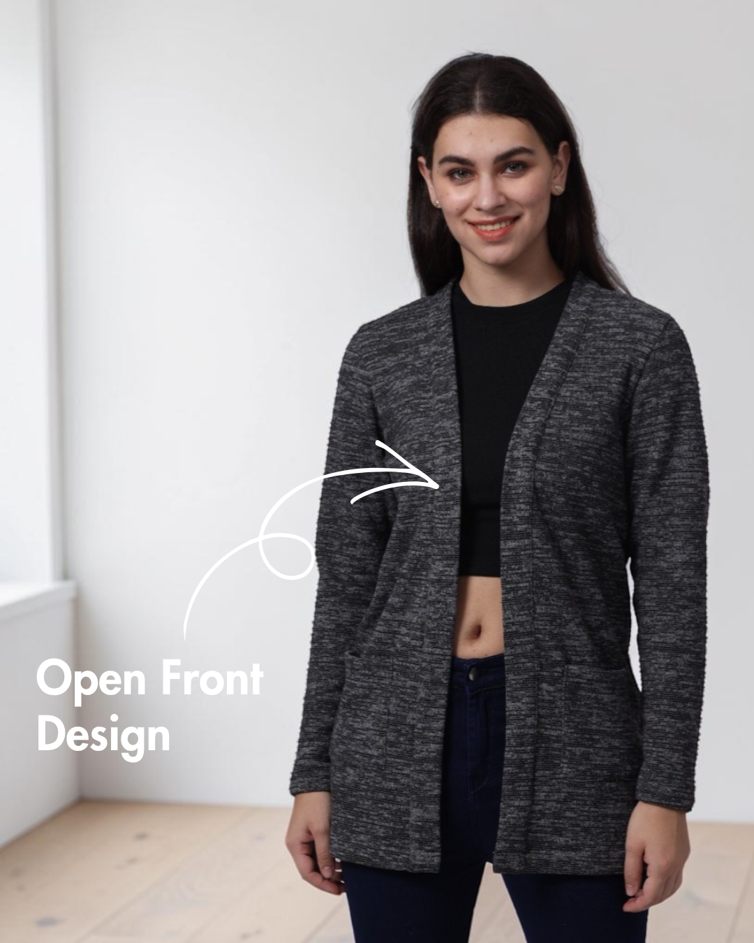 Model wearing long cardigan Nora sewing pattern with side pockets and relaxed fit